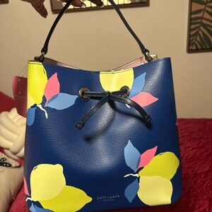 Kate Spade Blue Bag with Lemon and Leaf Design Pouch sold Separately BRAND NEW